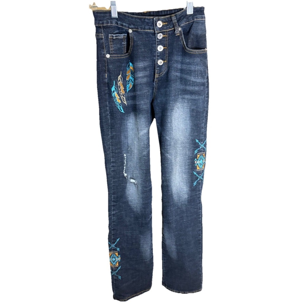 Man-Denim‎ Jeans Women's Blue Skinny Button Fly Embroidered Medium Distressing